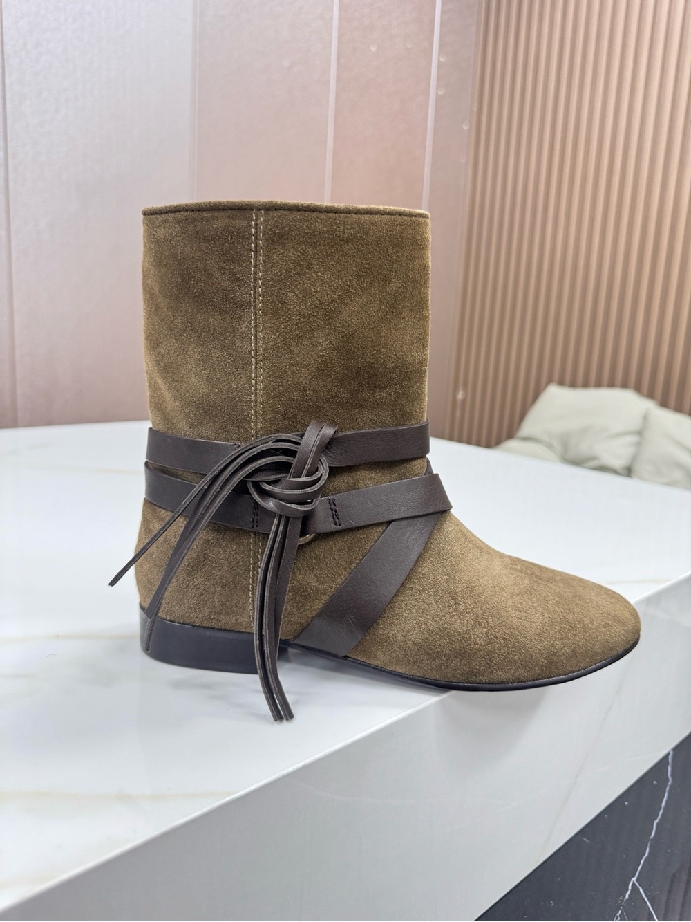 Isabel Marant Olive Suede Ankle Boots with Dark Brown Leather Straps - Picture 6 of 8
